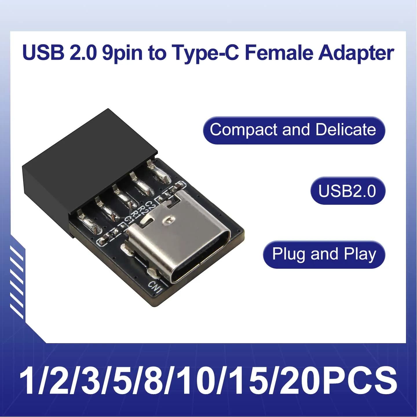 USB 2.0 9pin to Type-C Female Adapter Motherboard 9Pin Adapter Chassis Built-in Expansion Support USB Flash Drive Bluetooth