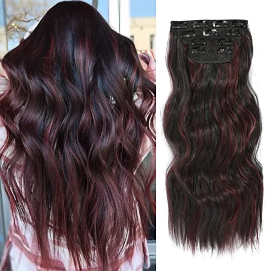 4PCS Clip in Hair Extensions 20Inch Long Wavy Hair Extensions Clip ins Synthetic Thick Hair Piece for Women Black Mix Burgundy