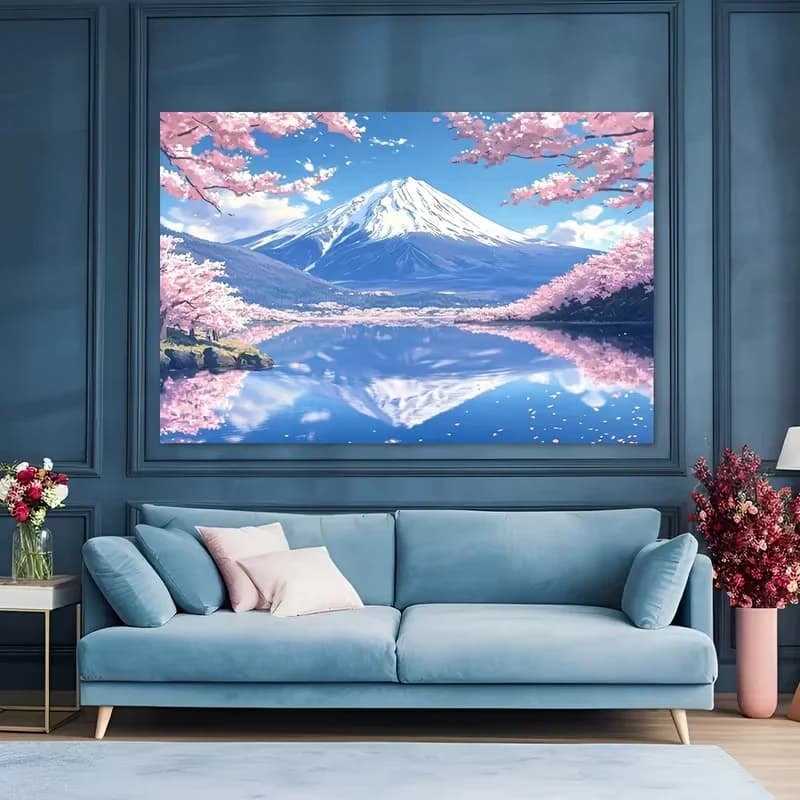 Large Wall Tapestry Pink Cherry Blossoms Mount Fuji Japanese Landscape Living Room Decor Art Print