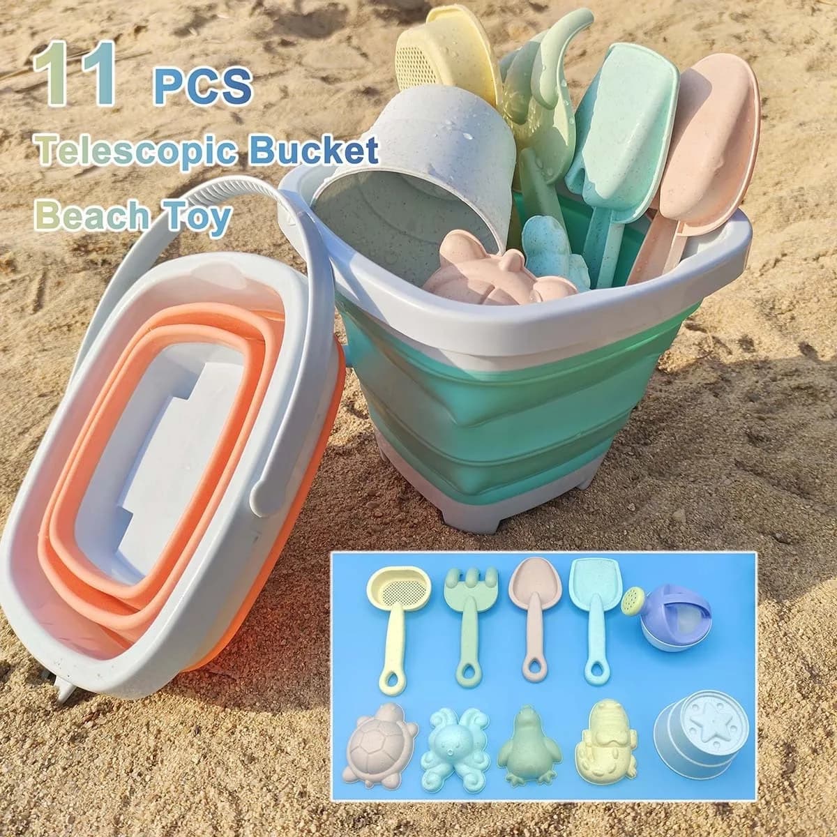 Set da 11 Pezzi per Giochi in Spiaggia e Sabbia, Secchiello Pieghevole, Giocattoli Estivi per Bambini, Accessori per Sandbox, Colore Casuale