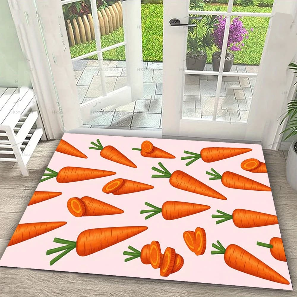 Cute Cartoon Carrot Print Doormat Pink Background Non Slip Water Absorbent Entryway Floor Rug Home Decor Mat