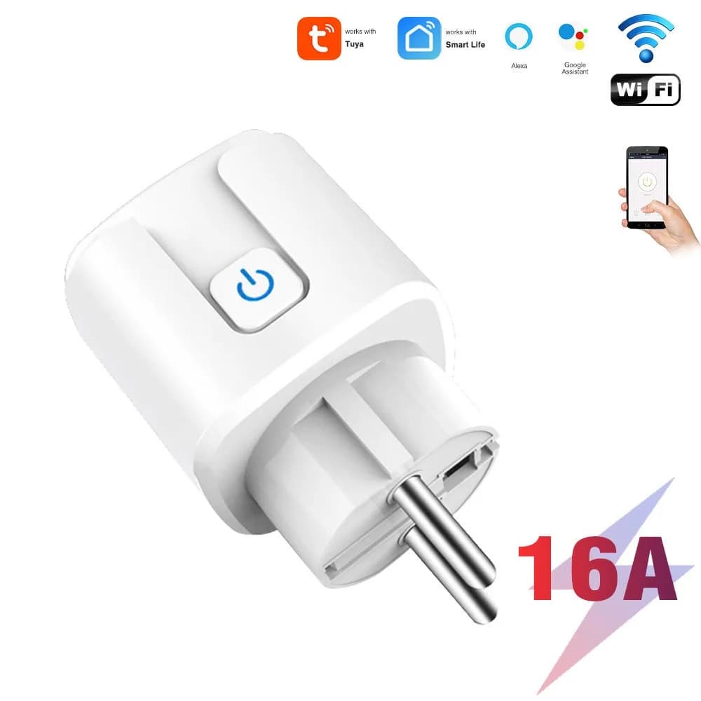 Presa intelligente Tuya Wi-Fi, presa standard europea, 16A, misuratore di potenza, controllo vocale Alexa, telecomando tramite cellulare