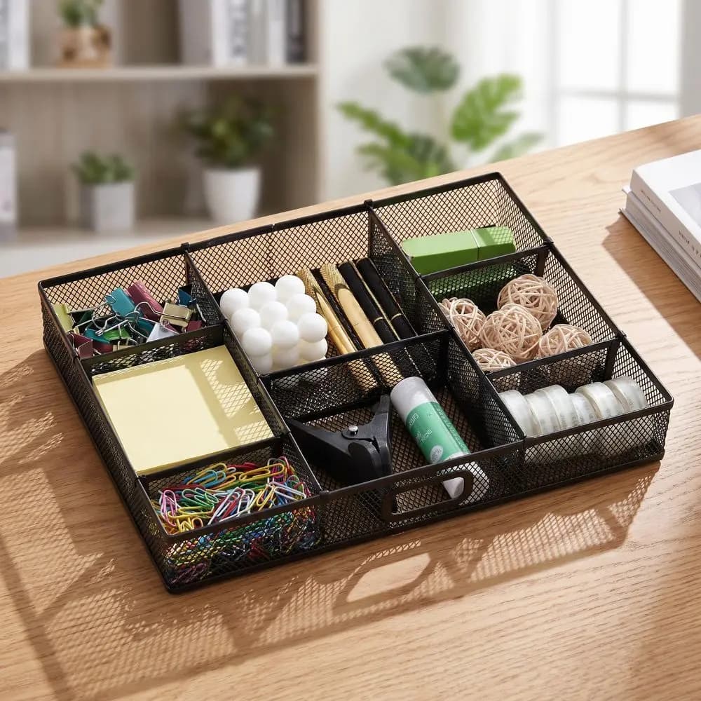 Organizzatore per Cassetti in Rete Metallica Nera, Portadocumenti da Scrivania Multi-Scomparto, Scaffale Rimovibile per Archiviazione Documenti, Bagno
