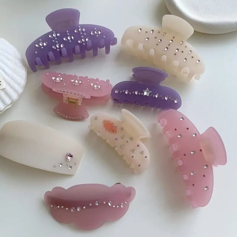 Elegant French Style Matte Purple Pink Acetate Hair Claw Clip for Women Large Rhinestone Shark Clips Barrettes Hair Accessories
