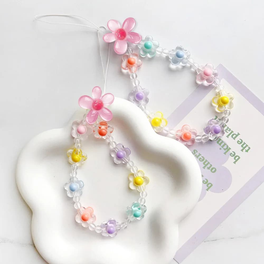 Perline colorate di fiori di sole Catena per cellulare Macaron Fiore con perline Cinghie per cellulare Portachiavi con ciondolo Catena per telefono creativo