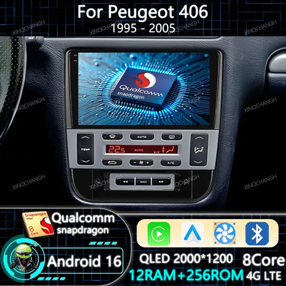 Autoradio Android 15 con Carplay Auto per Peugeot 406 (1995-2005) - Navigatore GPS Qualcomm 4G LTE 5G WIFI QLED Head Unit BT 2DIN