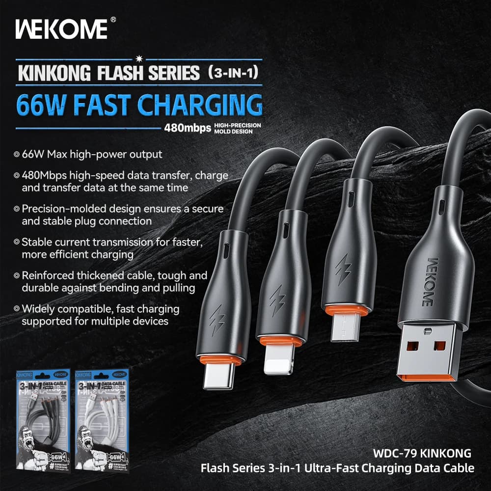 Cavo di Ricarica Rapida WEKOME Serie Kinkong Flash 66W 65W 27W 480Mbps USB C per iPhone e Samsung