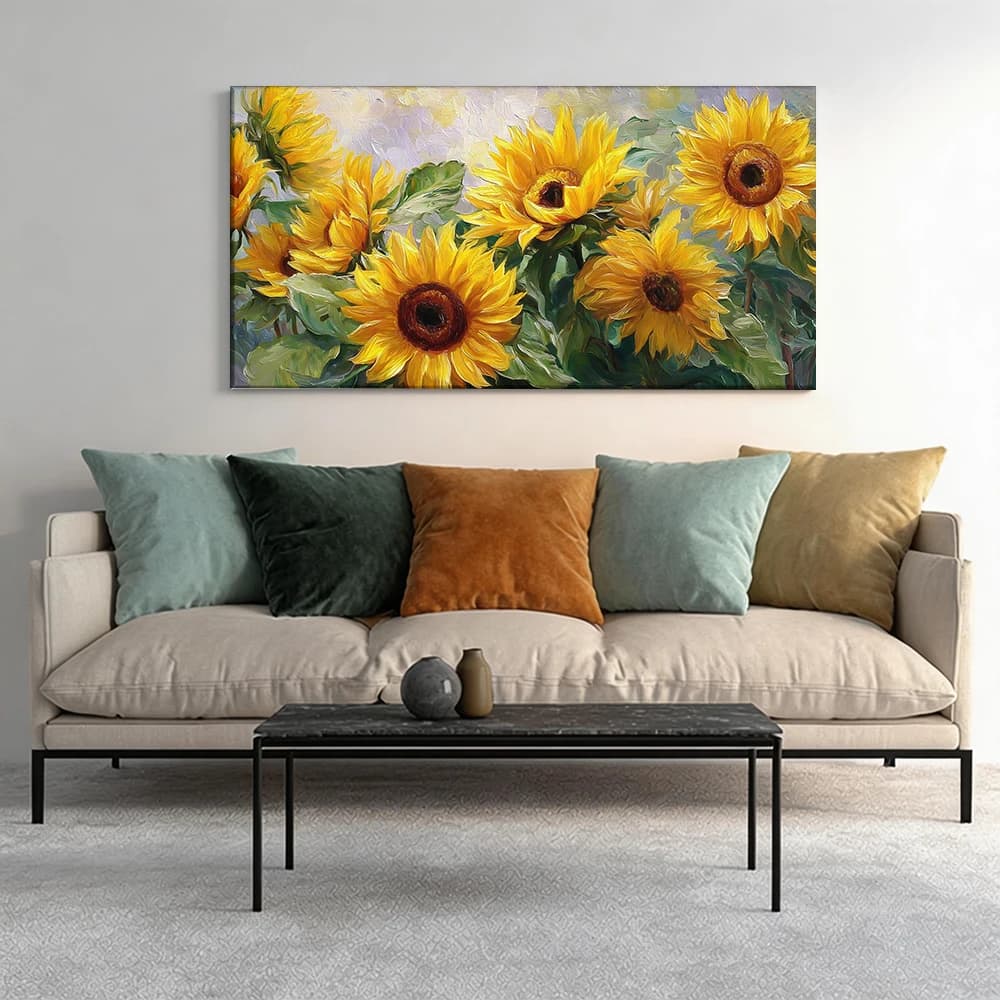 Painted on canvas with large wooden frame, 1 piece. Vibrant painted with sunflowers.