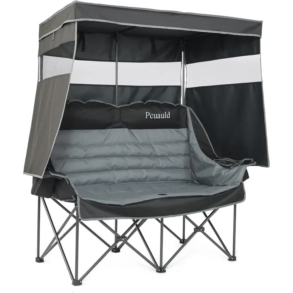 Divanetto da Campeggio Portatile per 2 Persone con Tettuccio, Portabicchieri e Portabottiglie per Esterni, Spiaggia, Giardino e Sport