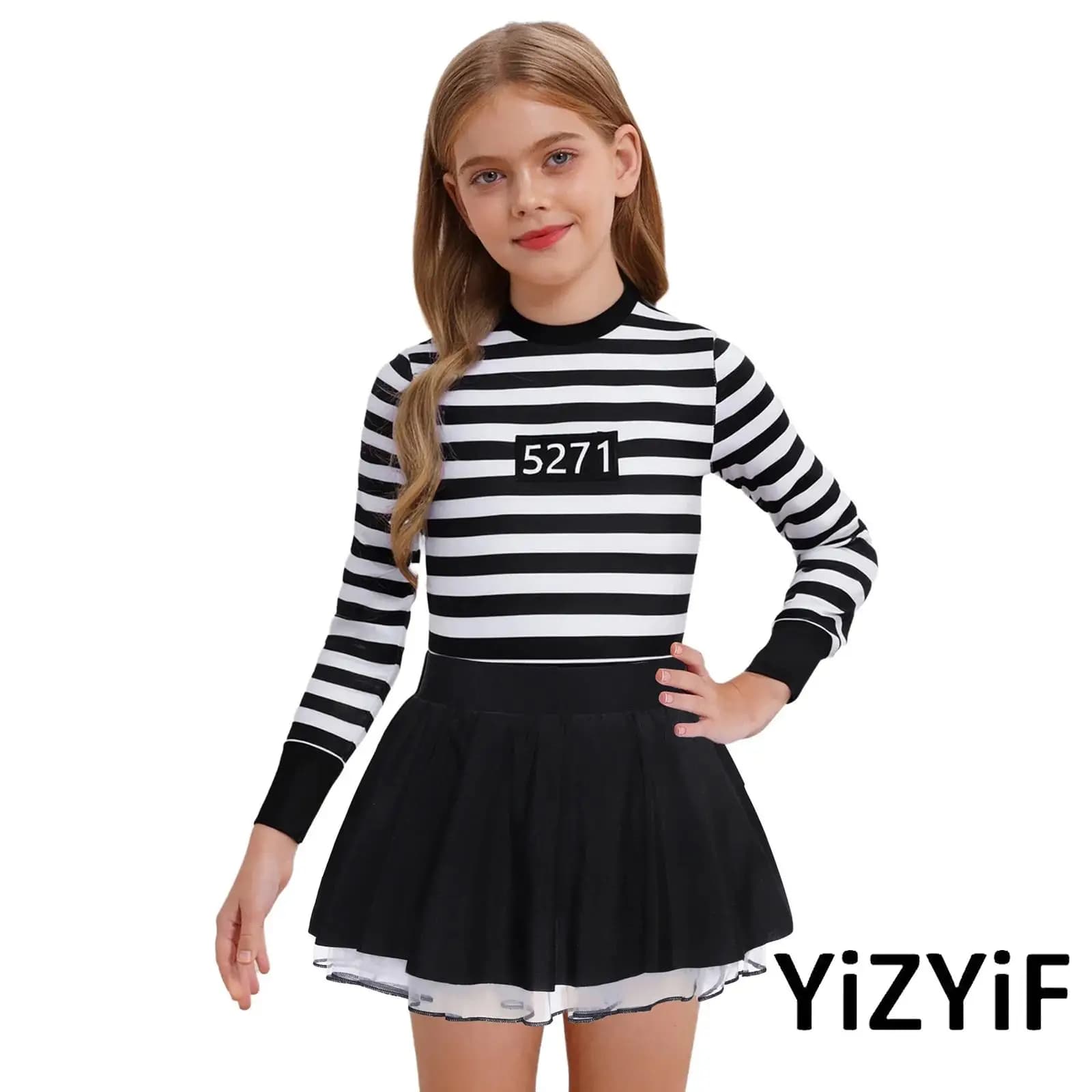 Abito gonfio a righe da ragazza Costume da prigioniero Girocollo con taglio sul retro Manica lunga Gonna arricciata Tutu Gonne cosplay con bottone a pressione
