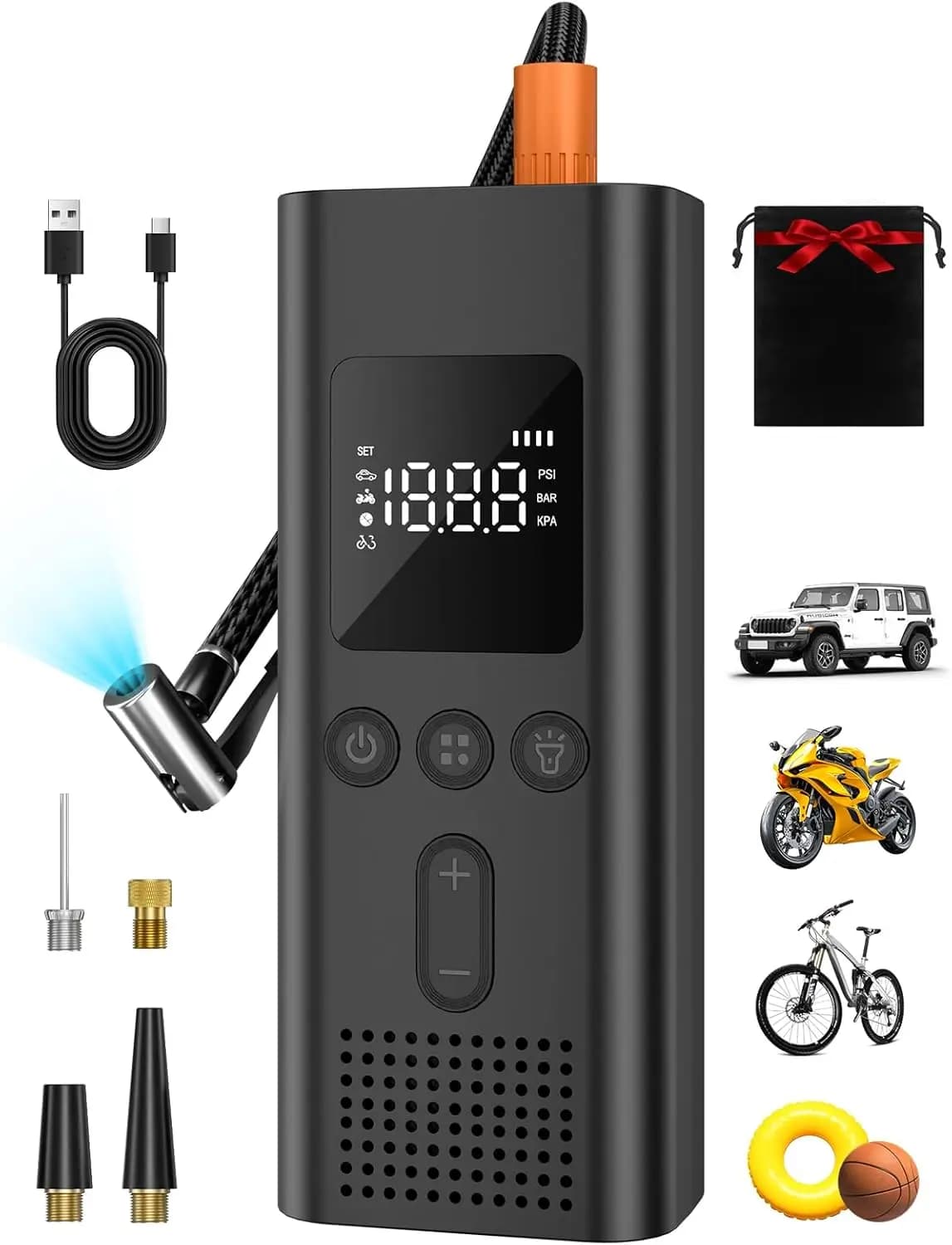 Compressore d'aria portatile, pompa senza fili a gonfiaggio rapido da 150 PSI con luce LED, spegnimento automatico per auto, moto, bici