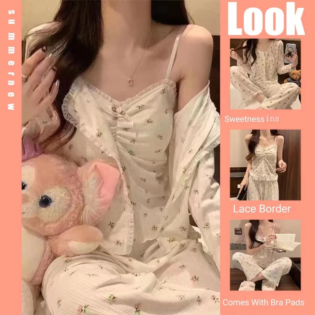 Pigiama femminile a maniche lunghe primavera e autunno bretelle pantaloni set a tre pezzi con cuscino pigiama dolce abito homewear