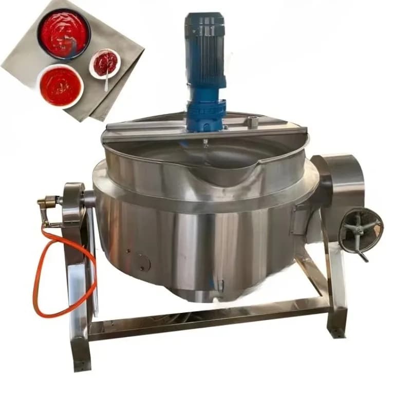 Kettle with chilli sauce coating with orange jam and industrial fruit with mixer