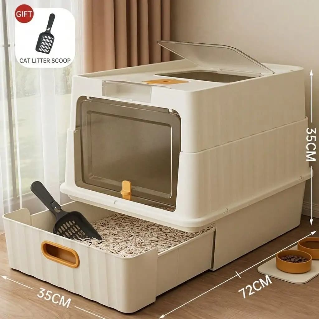 Top Entry Enclosed Cat Litter Box Large – Pull-Out Drawer Style Litter Pan With Lid & Scoop, Dual Door Anti-Tracking Large Kitty Litter Box For Odor Control