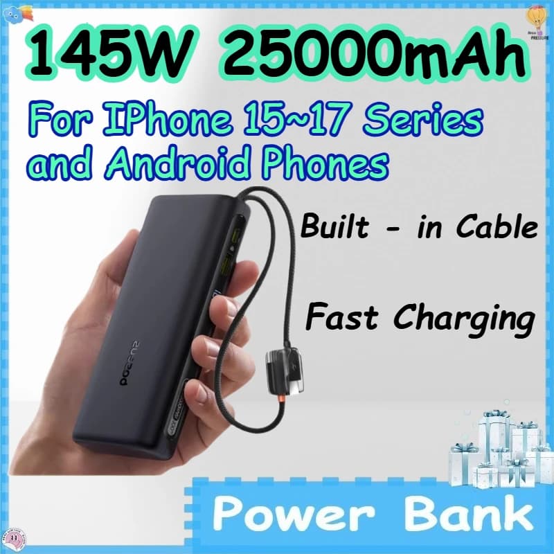 Power Bank da 145W 25000mAh a Ricarica Rapida per iPhone Serie 15~17 e Telefoni Android con Cavo Integrato