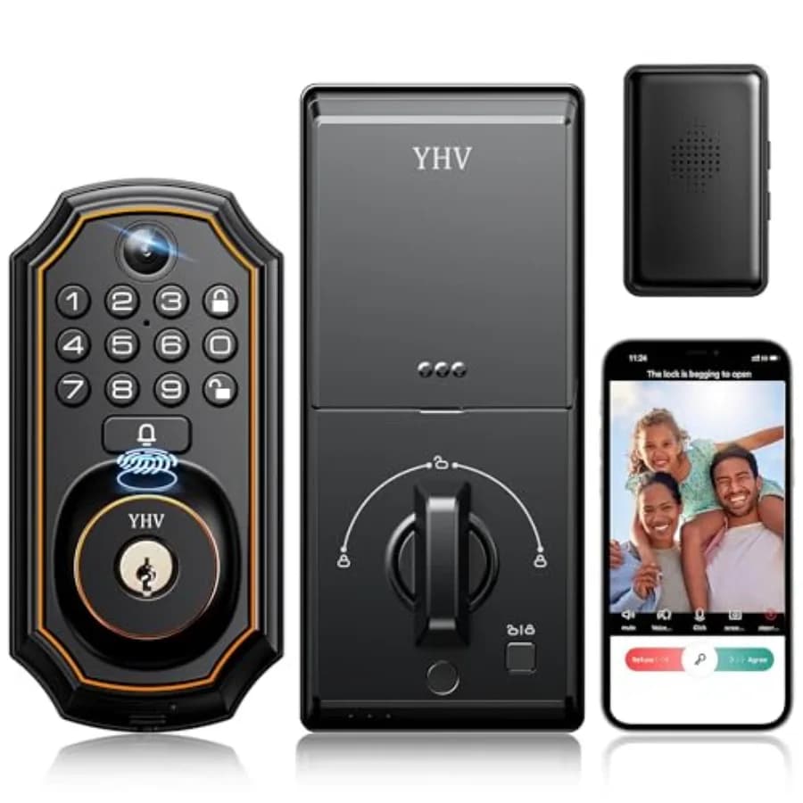 Serratura per Porta Senza Chiave con Telecamera, Serratura Elettronica Intelligente con Impronta Digitale e Tastierino, Nera, con Codice e Controllo Remoto via App, Sblocco Automatico