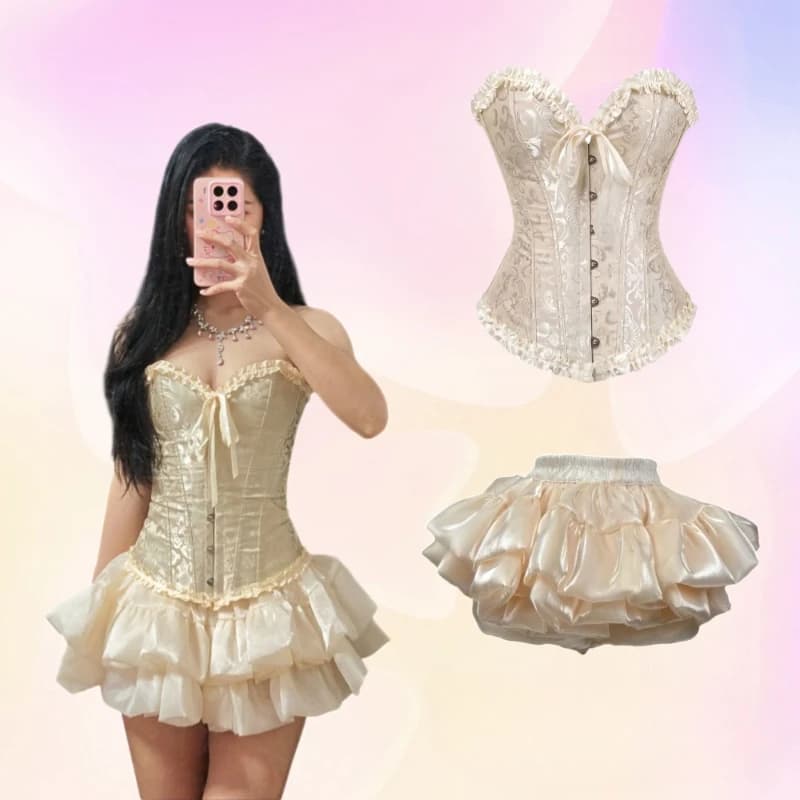 Set Elegante Vintage Francese 2 Pezzi per Donna: Top Aderente Sexy + Minigonna a Vita Alta Stile Y2k per Feste alla Moda