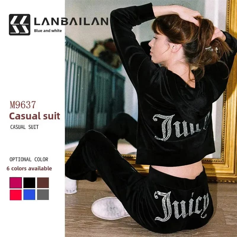 2025 Women casual sports suit new color letter embroidery long sleeve sweatshirt with hood wide pants ★ ★ ★ ★ ★
