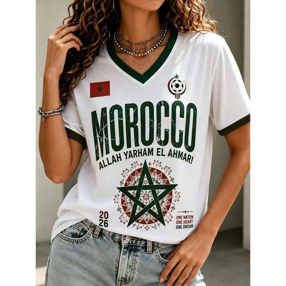 Women V Neck Morocco Football T-Shirt 2026 Moroccan Flag Star Print Short Sleeve Tee Summer Casual Sports Fan Jersey Tops