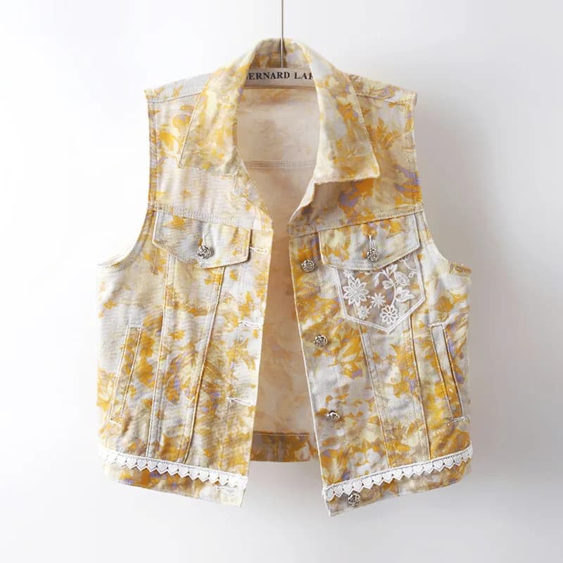 Gilet in denim stampato in pizzo di alta gamma 2026 da donna, top corto senza maniche, giacca in jeans, gilet femminile, cappotto outdoor alla moda