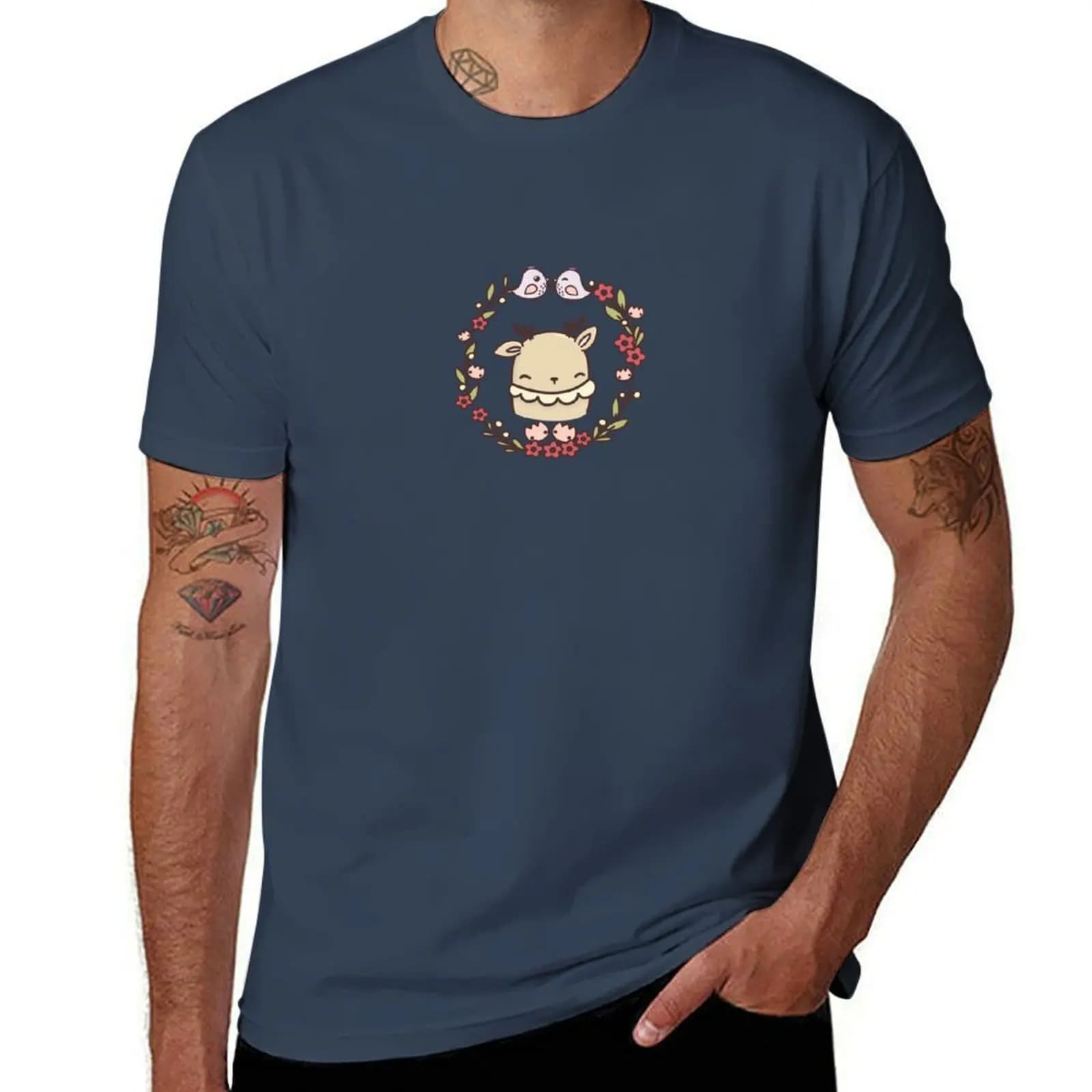 T-shirt Jackalope con uccelli e fiori, camicia basic casual in cotone a maniche corte