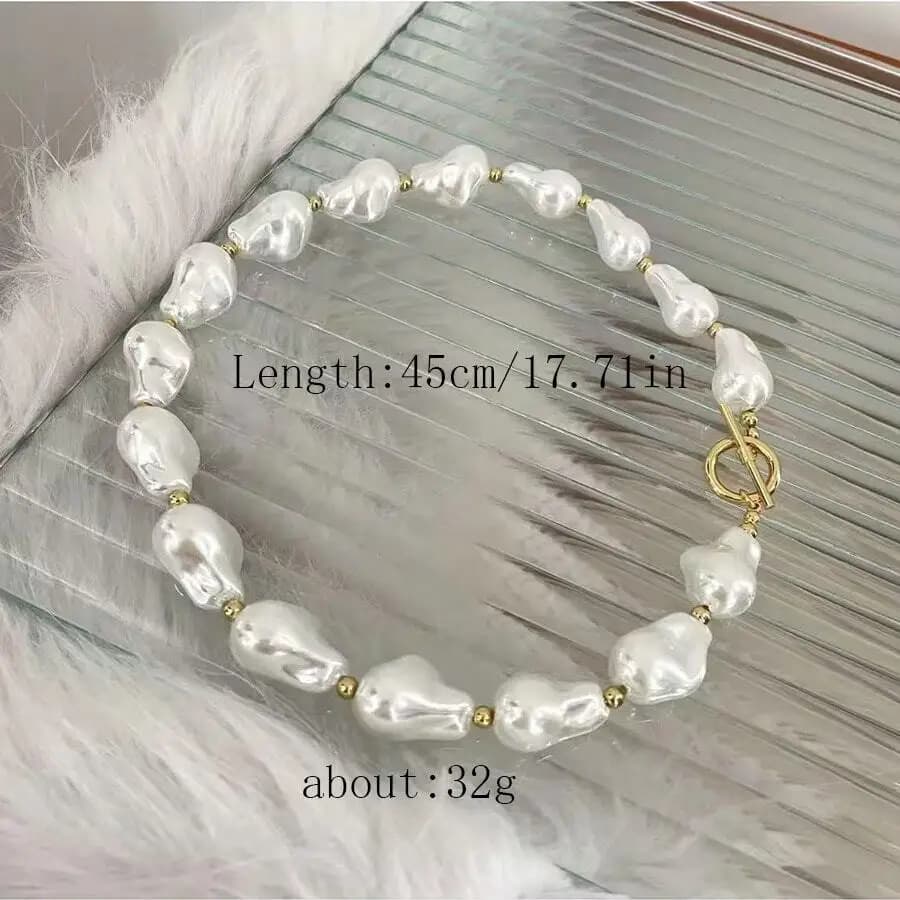1pc Retro Gold-Tone Beaded Baroque Pearl Stainless Steel OT Clasp Necklace