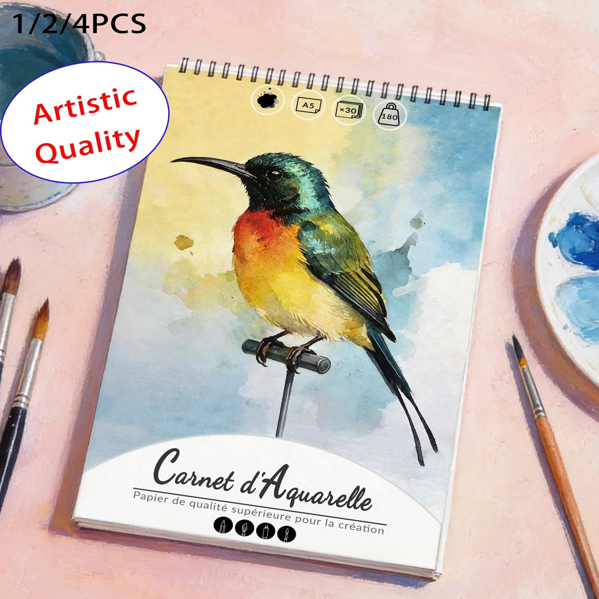 A5 Spiral Watercolor Sketchbook Pad, 180gsm Heavyweight Acid-Free Paper, 30 Sheets, Vibrant Sunbird Watercolor Cover, Perfect fo
