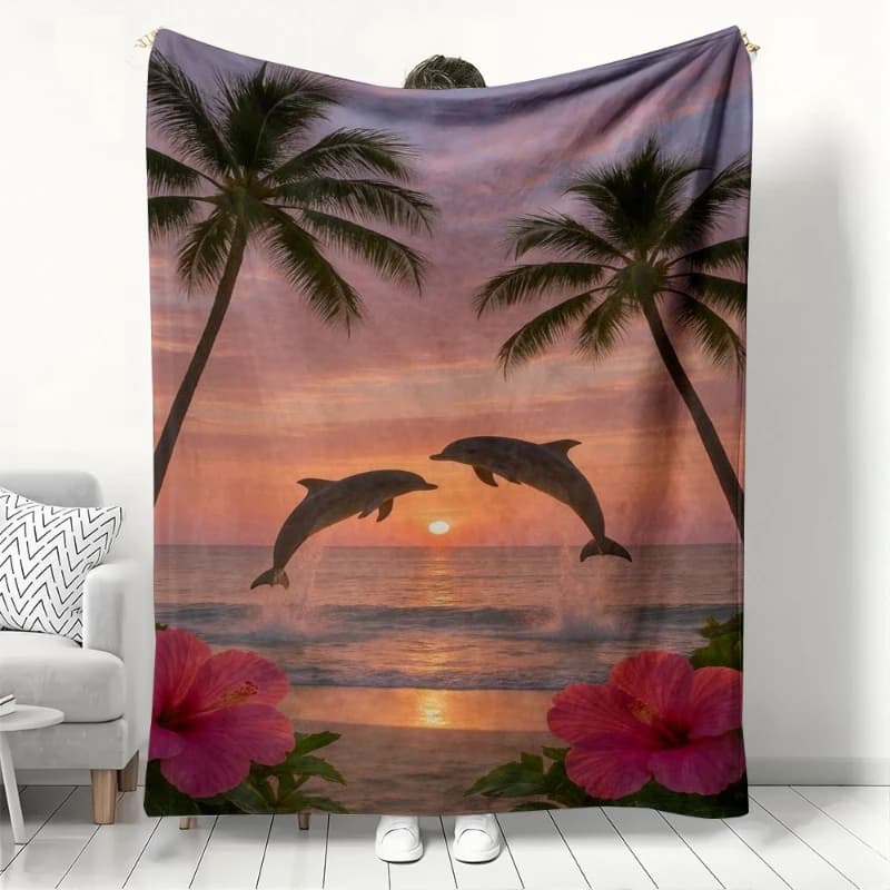 Coperta stampata in flanella con delfini al tramonto tropicale adatta a tutte le stagioni adatta per divano da ufficio e viaggi