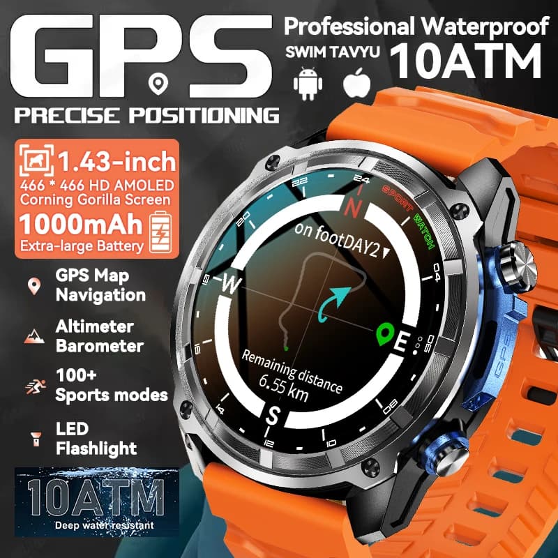 Nuovo Smartwatch GPS con Schermo AMOLED HD da 1,43 Pollici, Batteria da 1000mAh, Impermeabile 10ATM, Chiamate Bluetooth, Orologio Sportivo da Uomo