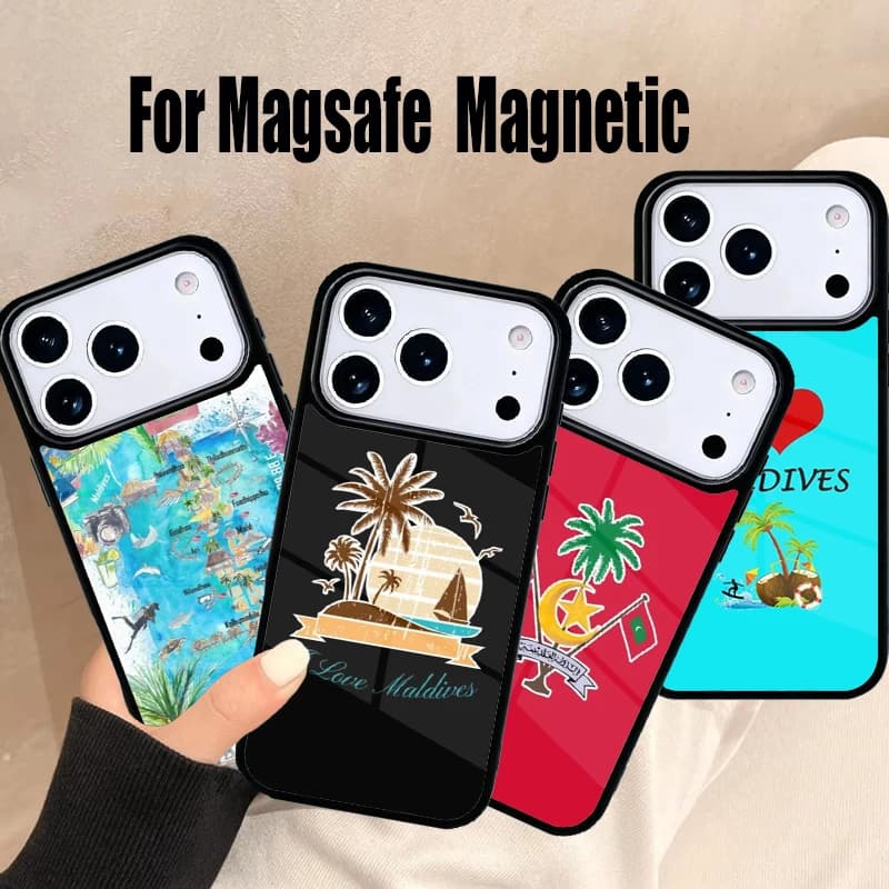 Cover per iPhone con design Passaporto delle Maldive per iPhone 17 Air 16e 15 14 13 12 11 Pro Max Plus, Cover Magnetica Wireless Magsafe