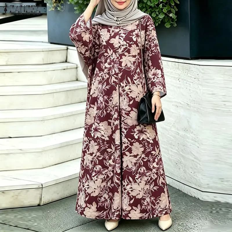 ZANZEA Abiti Abaya Musulmani Bohemien da Donna, Vestito Hijab alla Moda a Maniche Lunghe con Stampa Floreale, Abito Estivo Dubai Robe Femme Vestidos