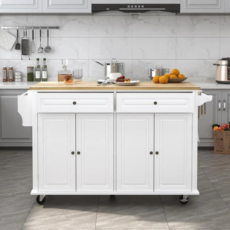 Carrello da Cucina Bianco 59 con Ruote – Bancone Colazione in Legno con Piano Ribaltabile, Cassetto e Armadietto Contenitore, Porta Spezie/Asciugamani