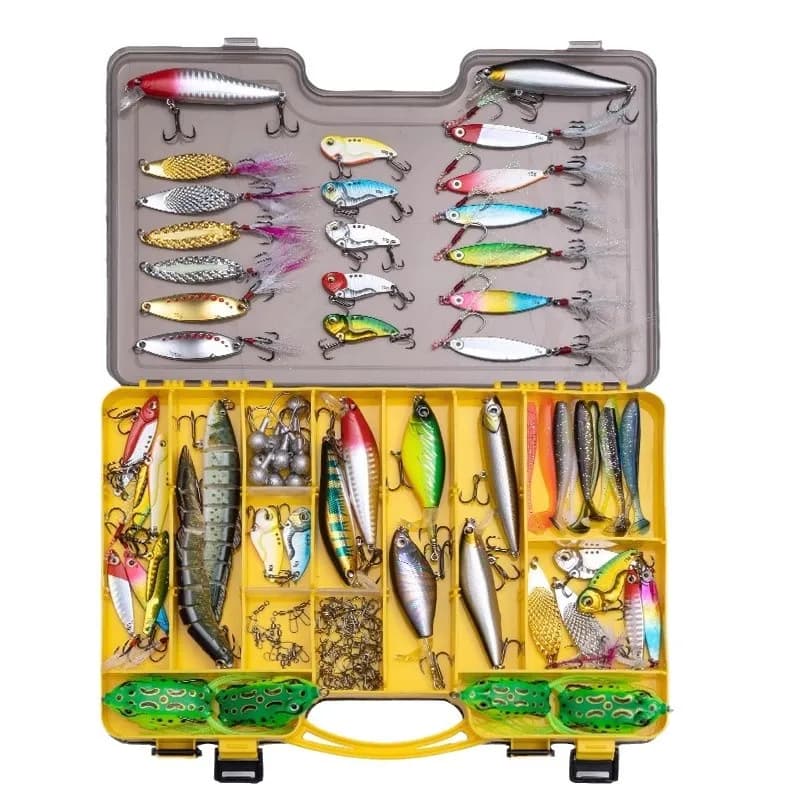 Kit esche da pesca, scatola per attrezzatura da pesca, Minnow Popper Crankbaits Set di impianti di perforazione Esche in plastica morbida Spinnerbaits Maschere Ganci e pesi