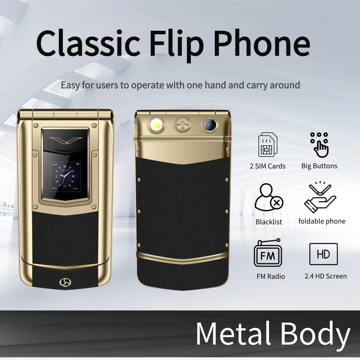 Telefono di lusso con vibrazione in metallo per uomo Dual SIM Telefono aziendale Pulsante grande Doppio schermo Magic Voice Blacklist Mobile classico senior
