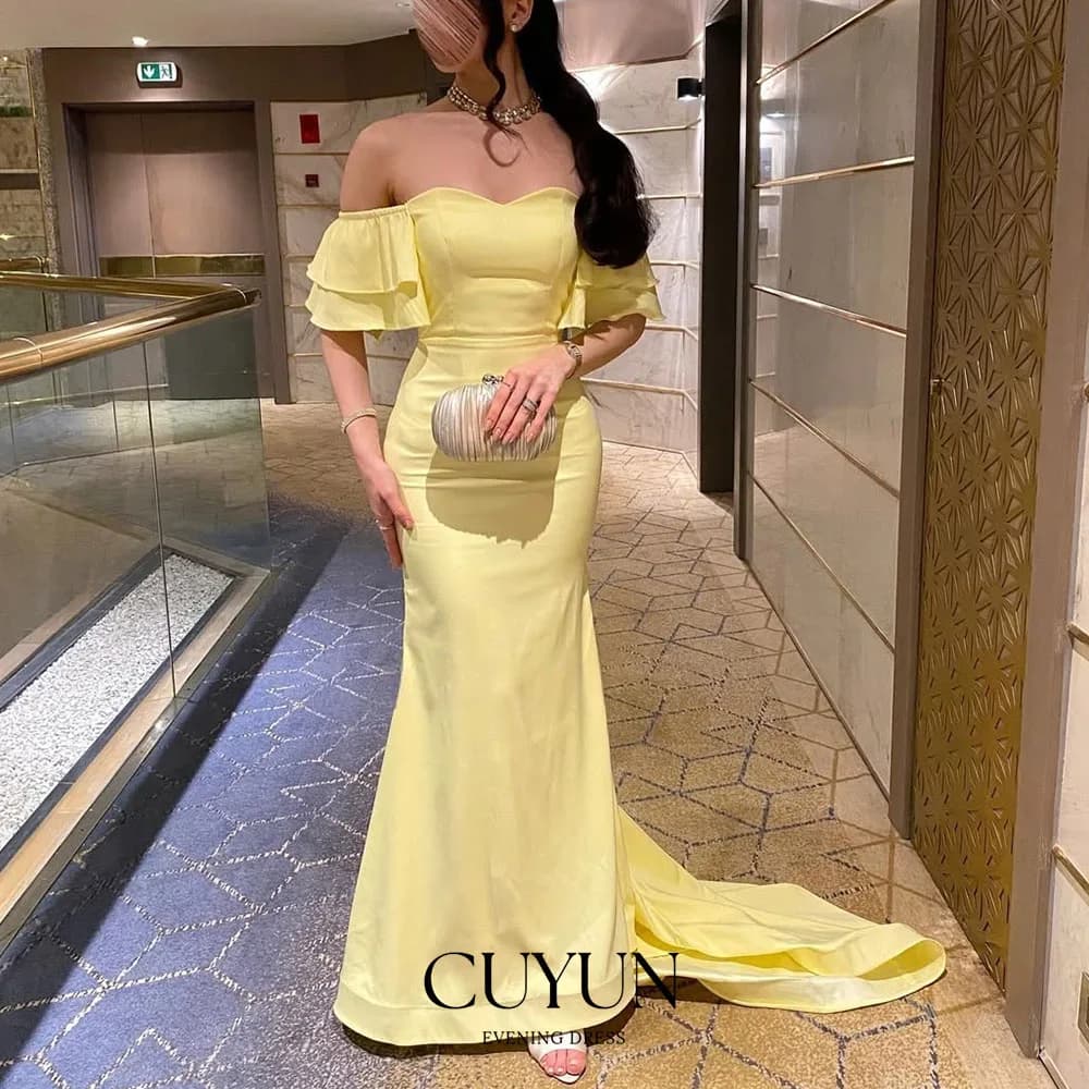CUYUN Al Largo della Spalla Increspato Abito Da Sera Delle Donne Semi-Sirena Giallo Lungo Vestito Da Partito di Promenade Personalizzato Abiti Da Evento Formale 2026