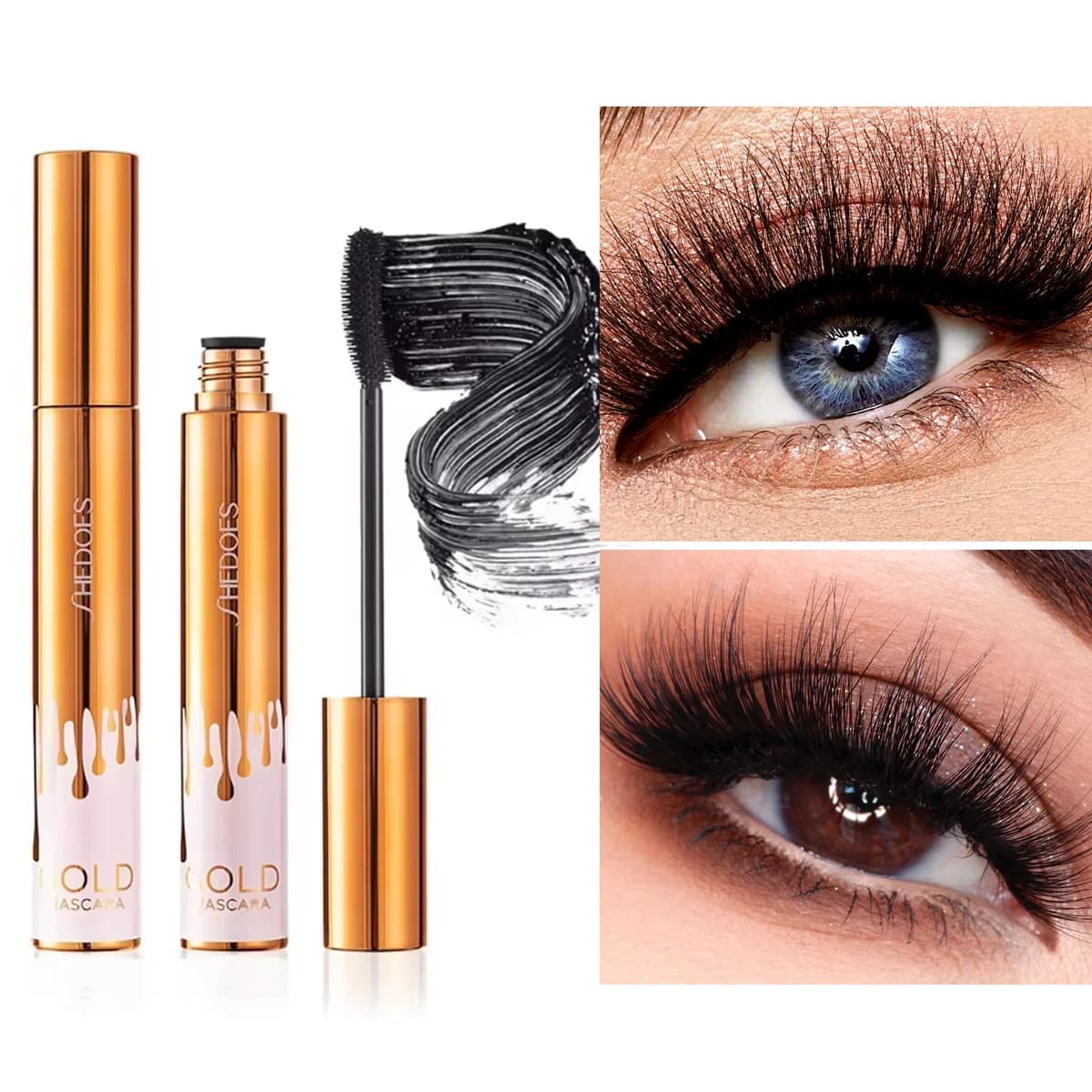 Black gold color mascara for thick eyes, waterproof, without drooping, thin, durable and without make-up