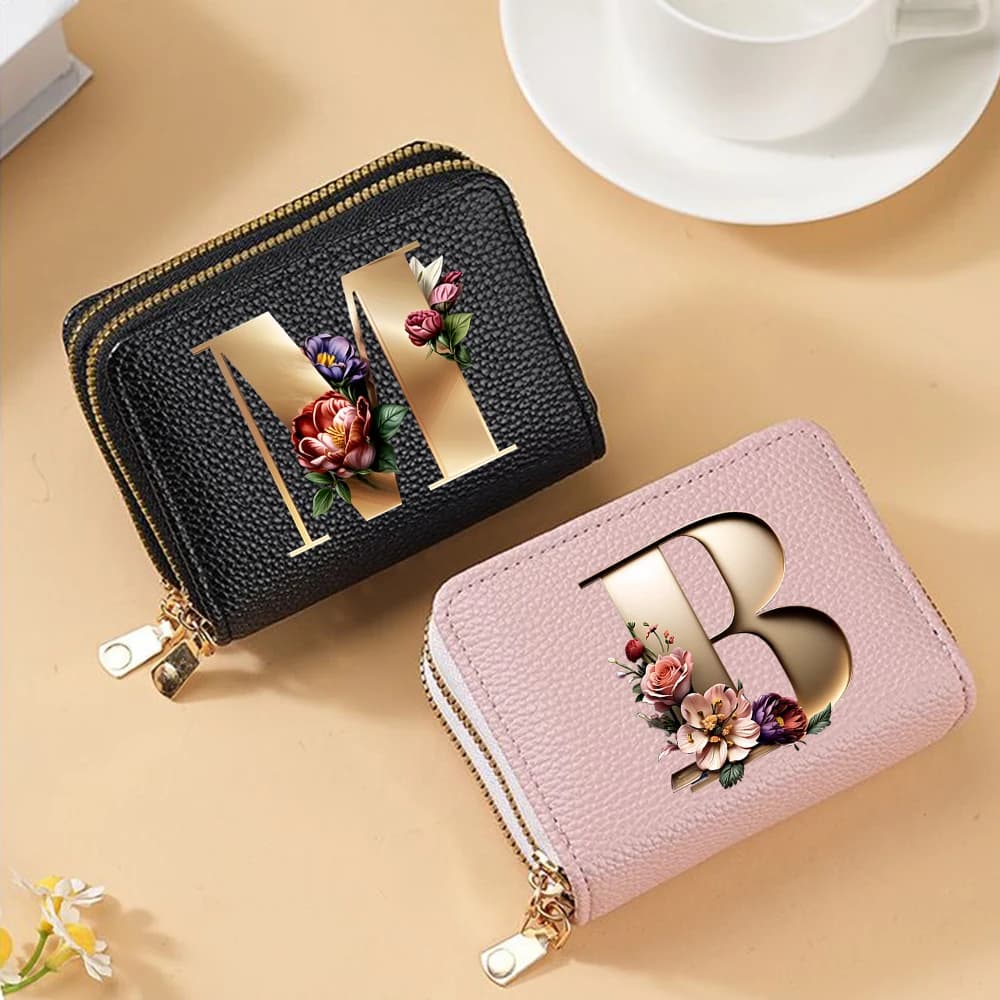 Portafoglio da donna con lettere A-Z a forma di fiore, doppio cerniera, porta monete, porta carte RFID, custodia multi-card, borsa portaoggetti leggera, idea regalo