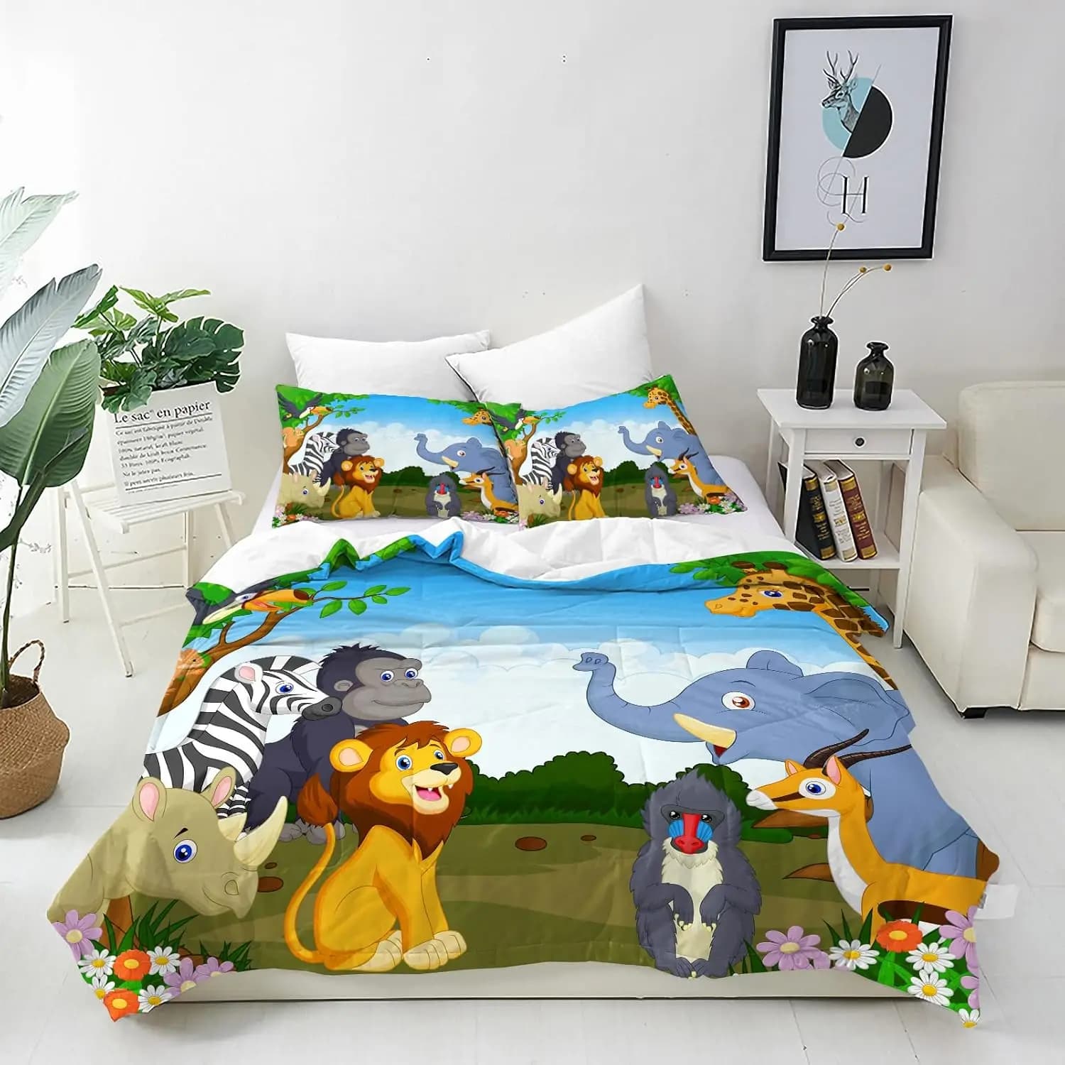 Jungle Safari Cartoon Animal Duvet Cover Set Single Size Lion Giraffe Elephant Zebra Bedding Set With 1 Pillowcase