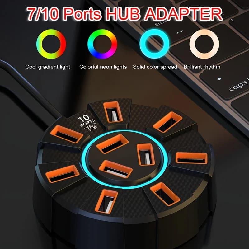 Hub USB colorato a 10 porte da 1 pezzo con luce ambientale, materiale ABS, plug and play, tensione di funzionamento ≤ 36 V, nessuna batteria richiesta