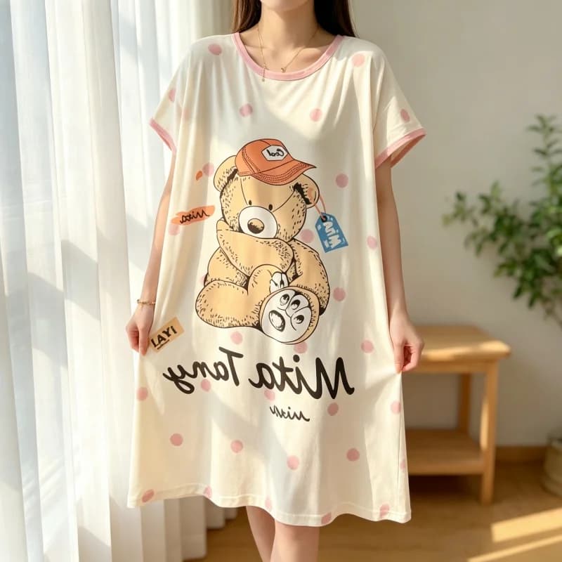 Women Cute Bear Print Nightgown Summer Short Sleeve O Neck Loose Night Dress Soft Modal Casual Home Wear Ladies Plus Size