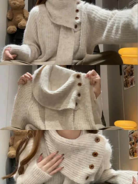 Maglione coreano di alta gamma con collo alto e sciarpa staccabile, da donna, autunno inverno, top lavorato a maglia da indossare sopra o sotto.
