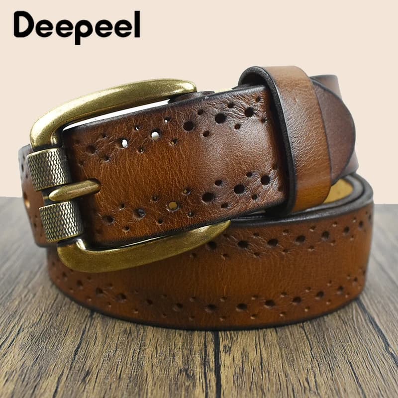 Deepeel 3.8 cm di larghezza Nuovo 105-125 cm Maschio Retro Cintura in vera pelle Hollow Strato superiore Pelle bovina Spille Fibbia Cinture Jeans da uomo Cintura