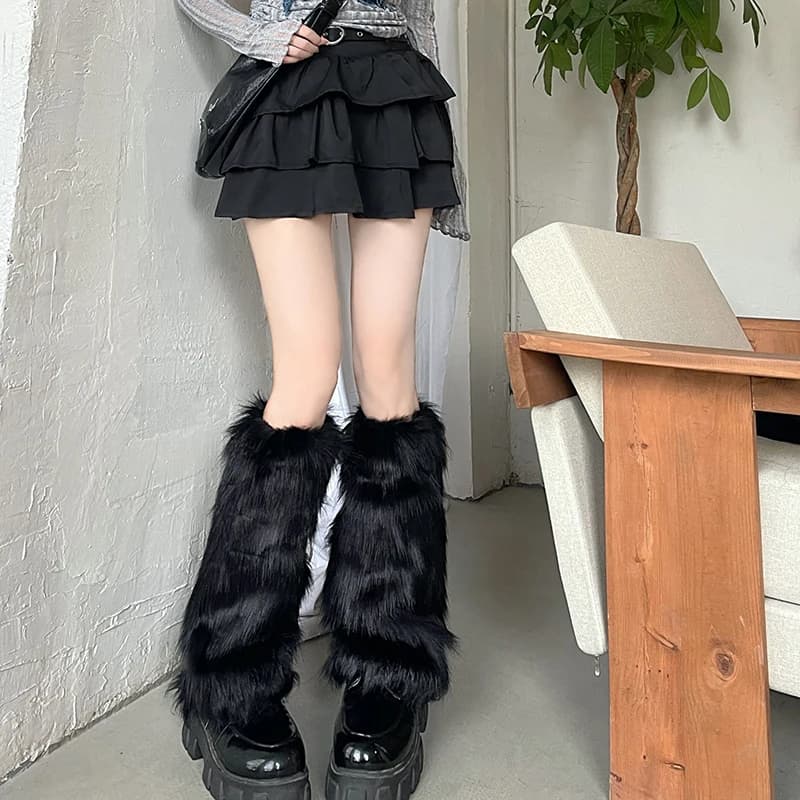 White Synthetic Fur Scaldamuscles Y2K Goth Solid Socks for legs Fashionable punk knee socks
