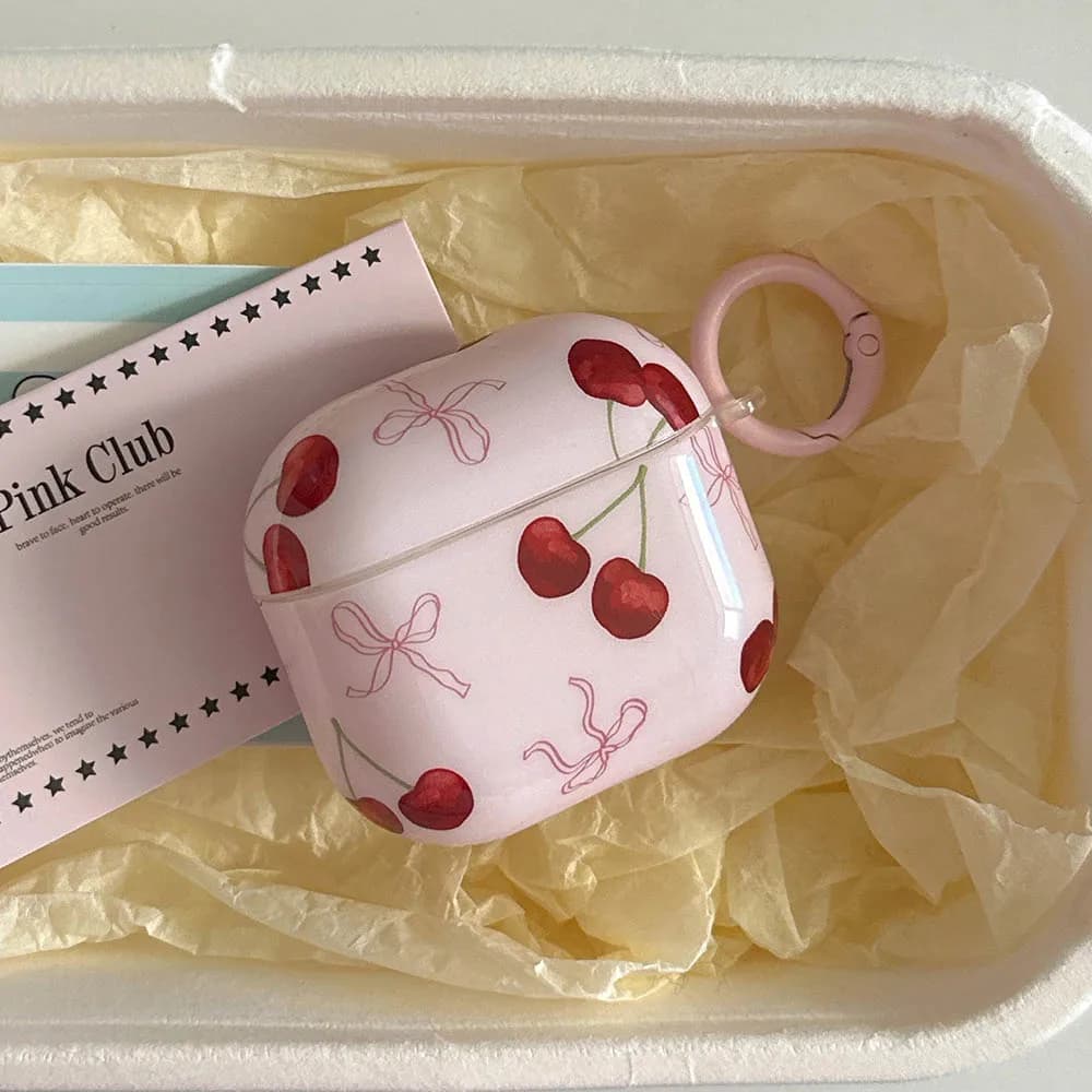 Pink case with cherry bow tie for AirPods 1 2 3 4 Pro 2 Cute AirPod Pro2 Pro3 Airpods4 Soft case for Bluetooth headset in TPU with keyring