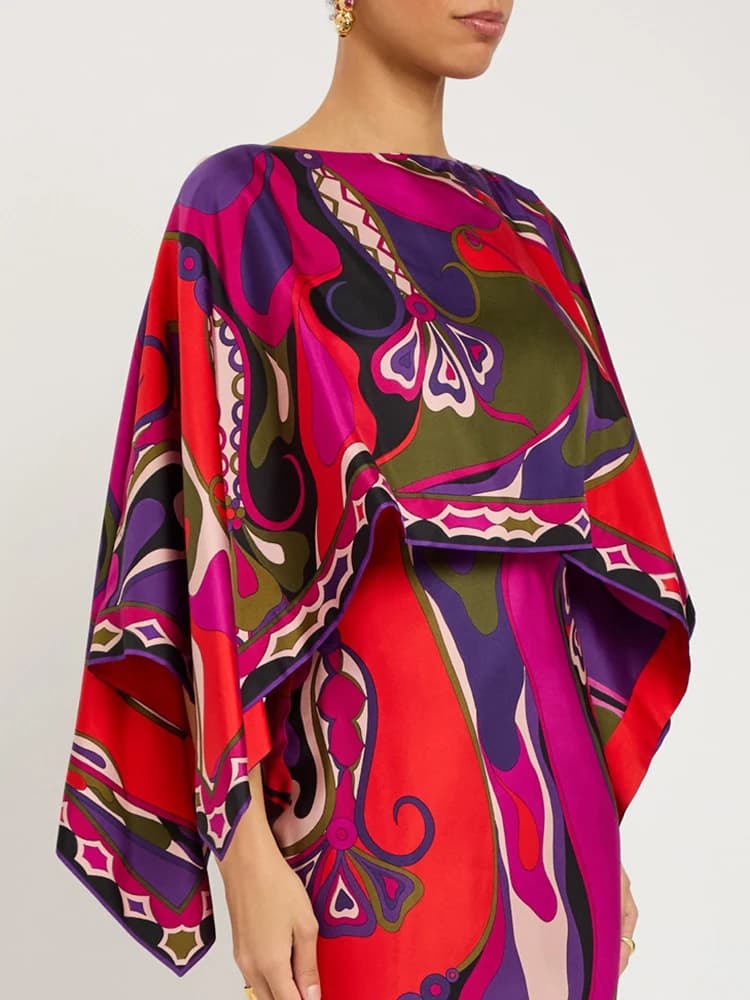 Top in Silk with Geometric Print Fashion Spring-Summer, Women's Casual T-shirt with Round Neck and Long Pike Sleeves