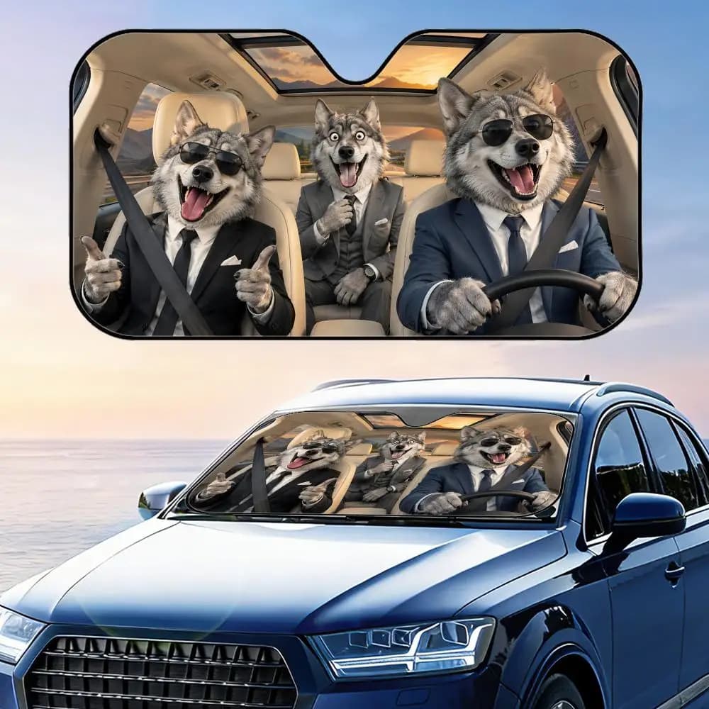Parasole per Auto con Motivo Lupo in Abito, Protezione UV, Riflettente, Pieghevole, Isolante Termico
