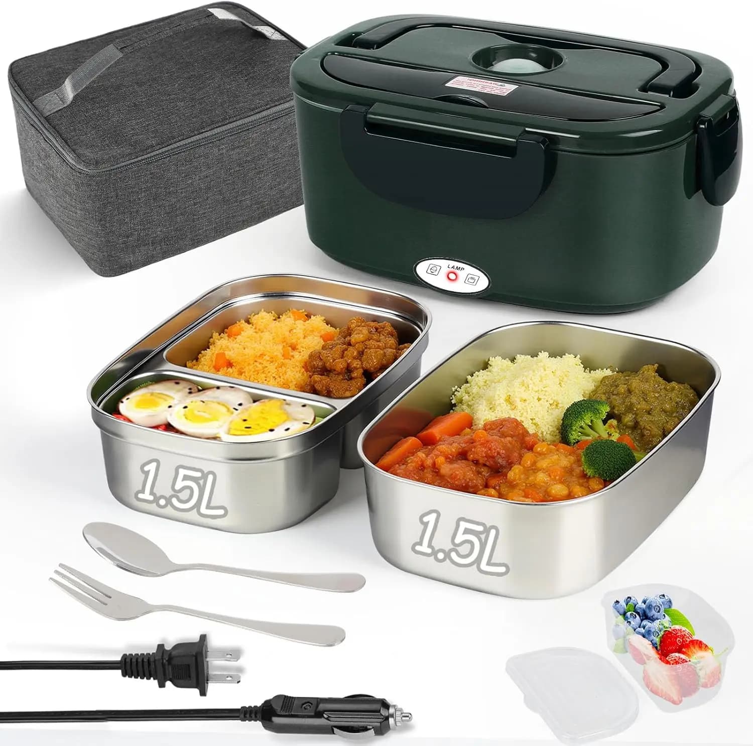 Lunch Box elettrico Scaldavivande in acciaio inossidabile da 1,5 litri 80 W PTC riscaldato portatile per auto, ufficio, campeggio (verde)