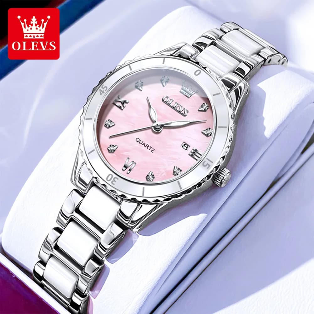 OLEVS 9985 Orologio da donna Orologio al quarzo da donna premium di lusso Elegante orologio da donna in ceramica impermeabile con data luminosa Orologio da regalo per lei