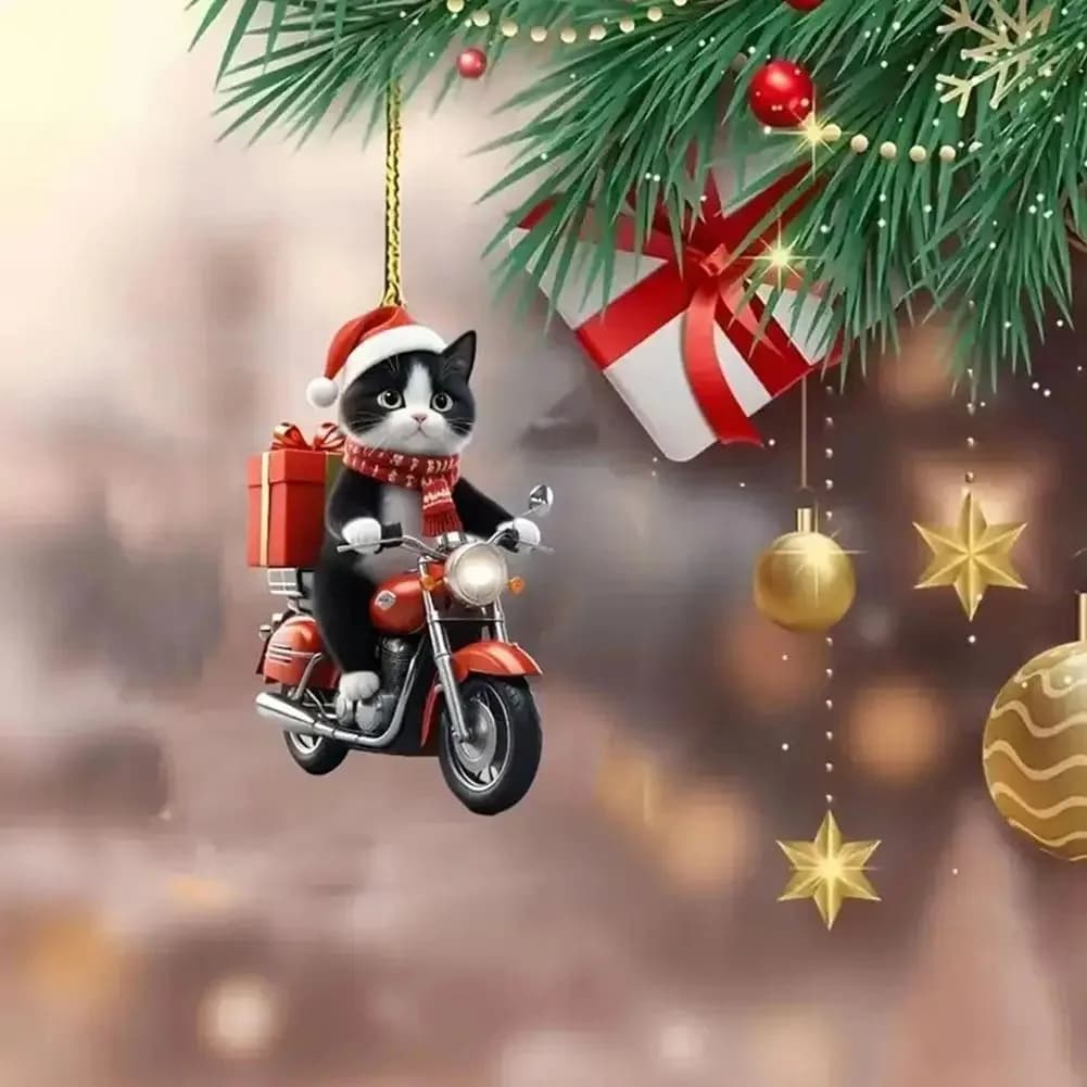 Moto Gatto Acrilico Decorazione Appesa Albero Di Natale Auto 2D Piatto Equitazione Gattino Appeso Ornamento Ciondolo Del Fumetto Per Natale