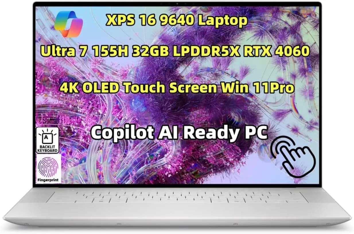 Nuovo XPS 16 9640 Potente Laptop AI con 16 Core Ultra 7 155H, 32GB RAM, 1TB SSD, Grafica Geforce RTX 4060, Webcam, Retroilluminazione, Lettore di Impronte Digitali